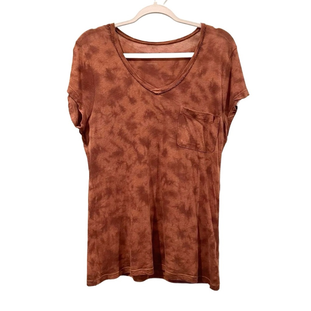Calvin Klein Brown Beaded Short Sleeve V-Neck Tie Dye T-Shirt, Women’s Medium